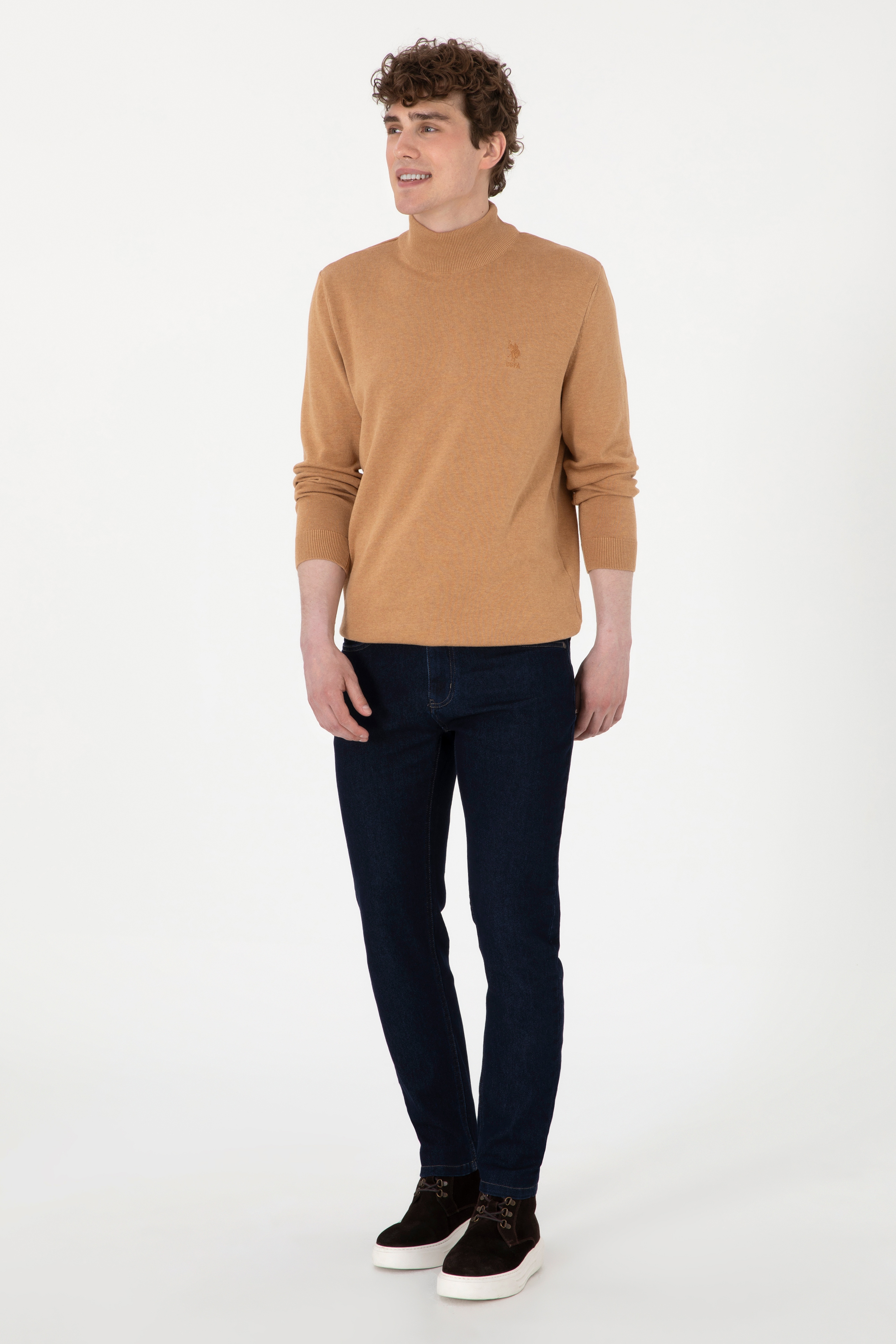 Erkek Slim Fit Yarım Balıkçı Yaka Camel Melanj Basic Kazak - Image 4