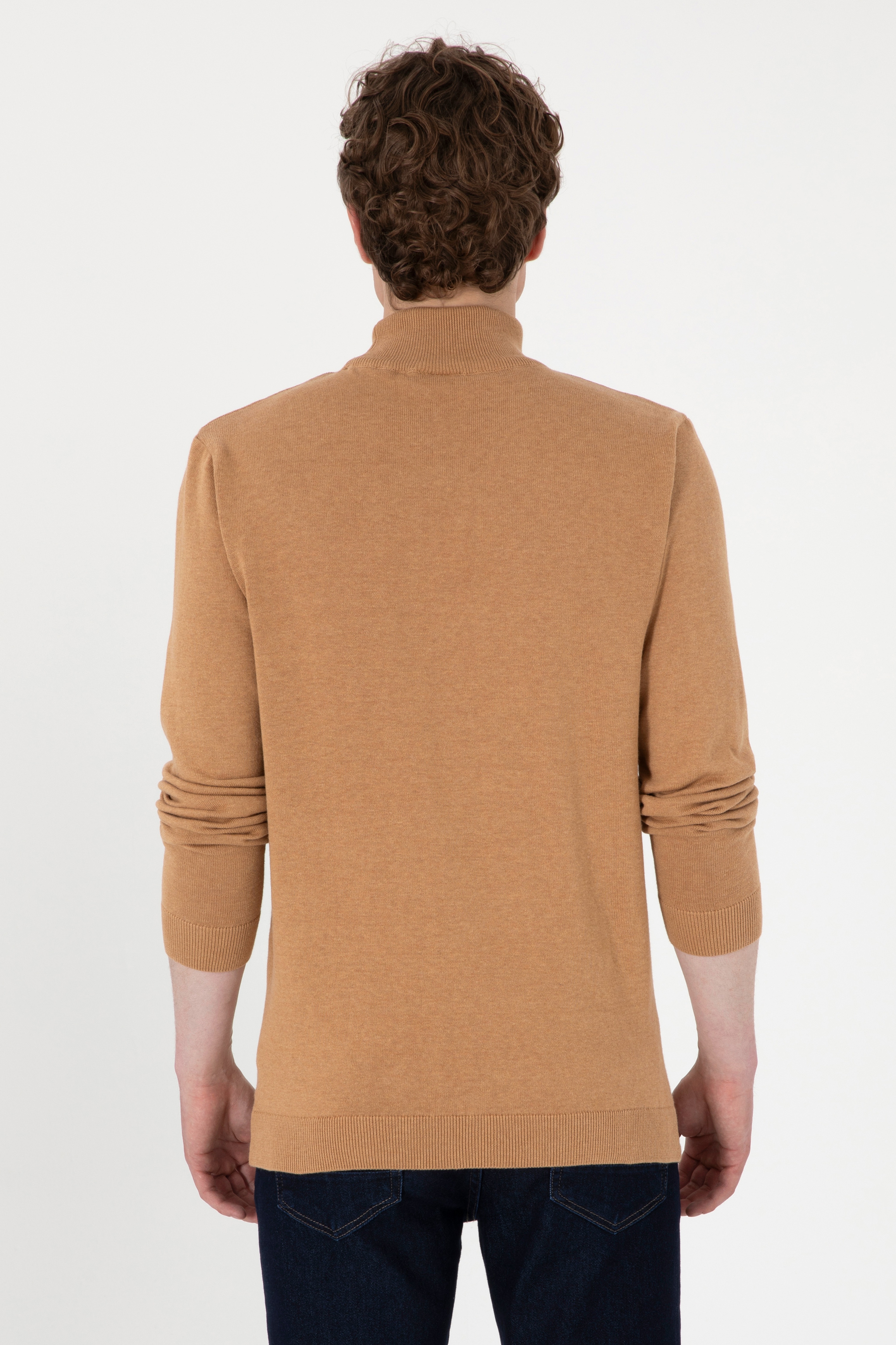 Erkek Slim Fit Yarım Balıkçı Yaka Camel Melanj Basic Kazak