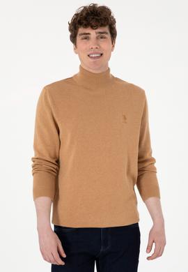 Erkek Slim Fit Yarım Balıkçı Yaka Camel Melanj Basic Kazak - 50288887147