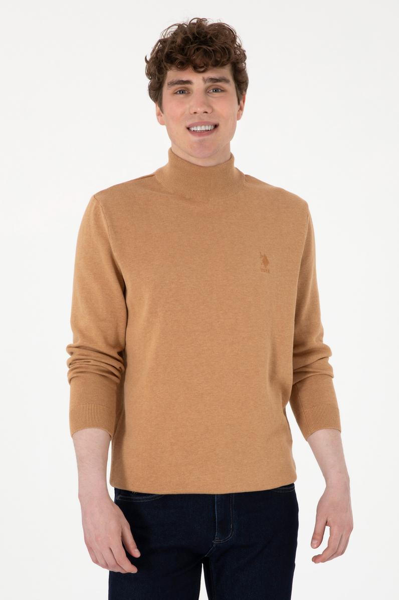 Erkek Slim Fit Yarım Balıkçı Yaka Camel Melanj Basic Kazak