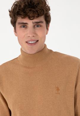 Erkek Slim Fit Yarım Balıkçı Yaka Camel Melanj Basic Kazak - 50288887147