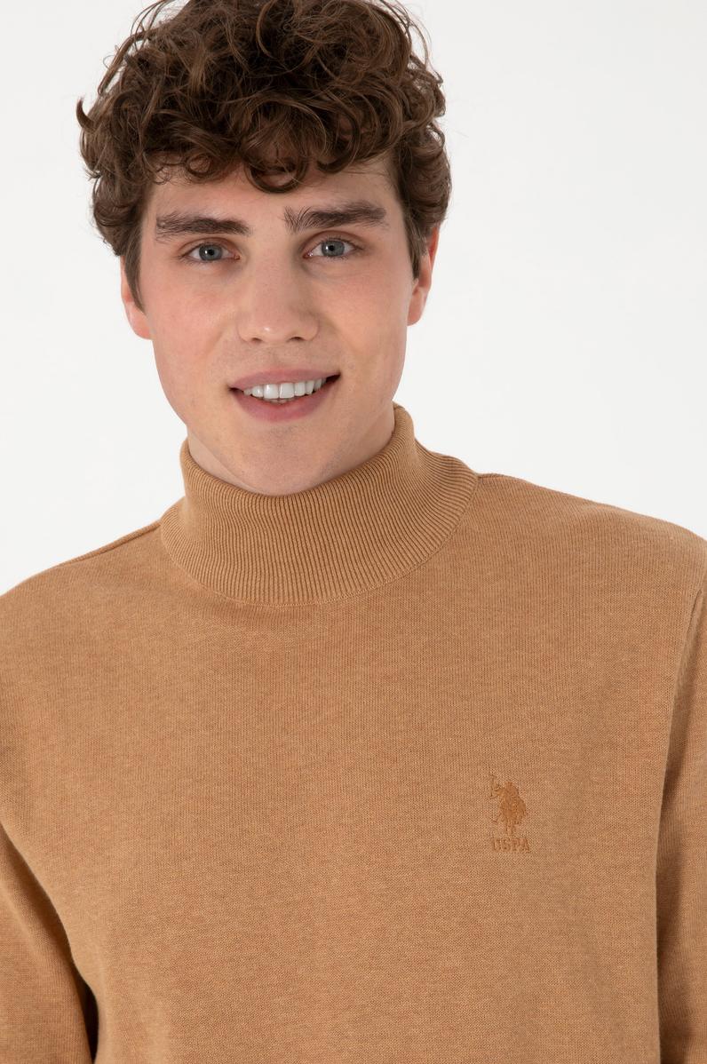 Erkek Slim Fit Yarım Balıkçı Yaka Camel Melanj Basic Kazak