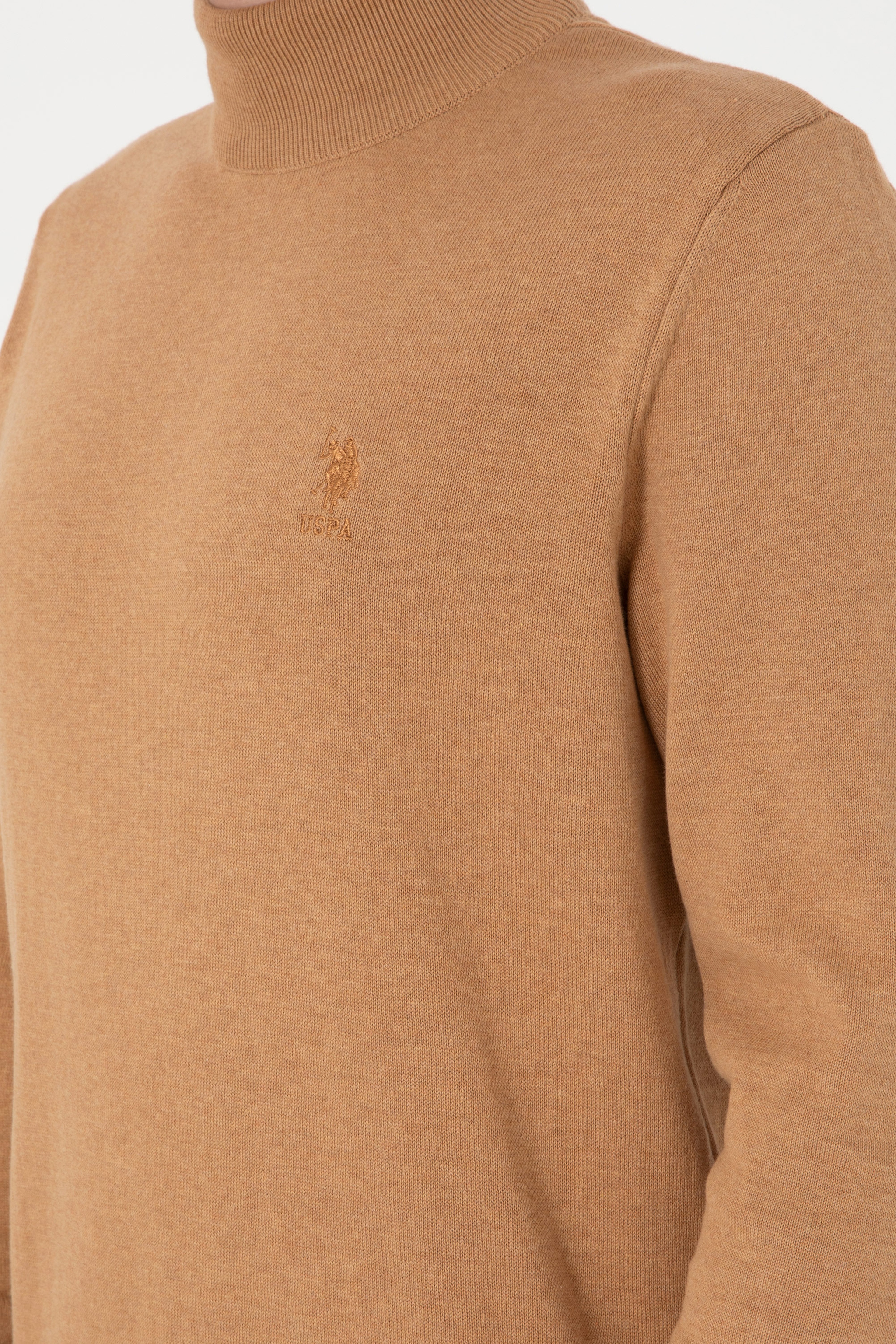 Erkek Slim Fit Yarım Balıkçı Yaka Camel Melanj Basic Kazak