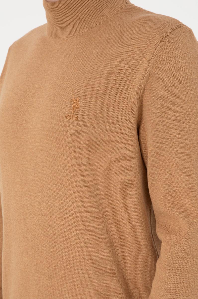 Erkek Slim Fit Yarım Balıkçı Yaka Camel Melanj Basic Kazak