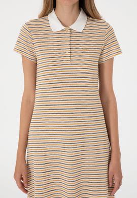 Kadın Turuncu Çizgili Polo Yaka Mini Boy Örme Elbise - 50300639026