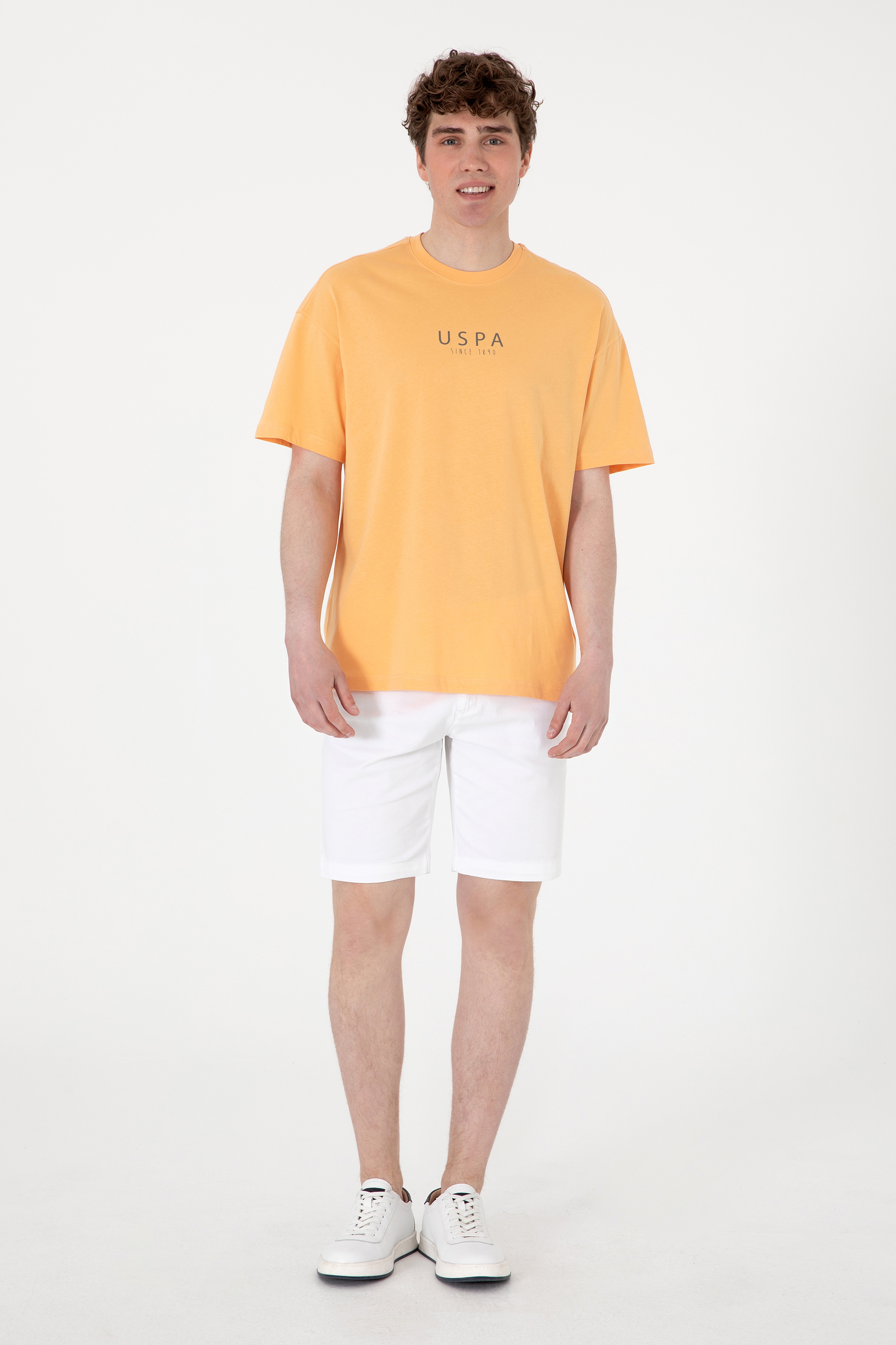 Erkek Oversize Fit Bisiklet Yaka Turuncu Tişört