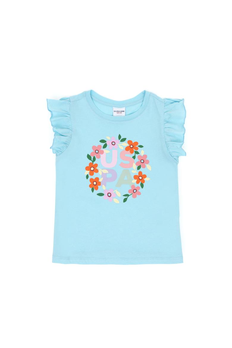 Kız Çocuk Aqua Bisiklet Yaka Pamuk Fırfırlı Çiçek Baskılı Tişört - 50306227021