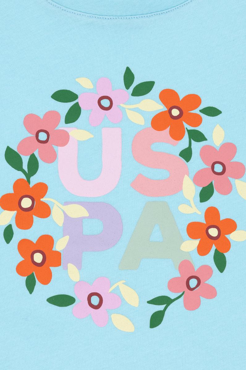 Kız Çocuk Aqua Bisiklet Yaka Pamuk Fırfırlı Çiçek Baskılı Tişört