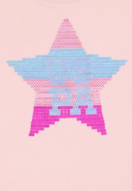 Kız Çocuk Pudra Bisiklet Yaka Pamuk Payet Yıldız Baskılı Tişört - 50306199001