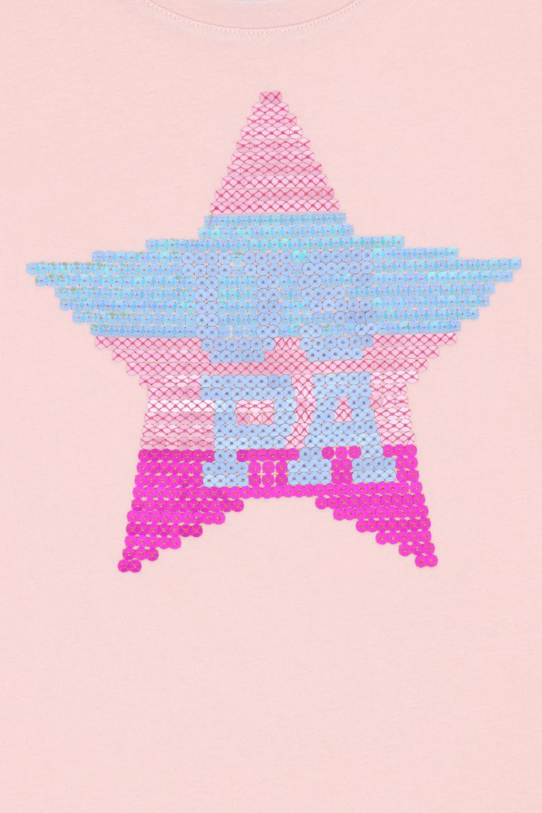 Kız Çocuk Pudra Bisiklet Yaka Pamuk Payet Yıldız Baskılı Tişört - 50306199001