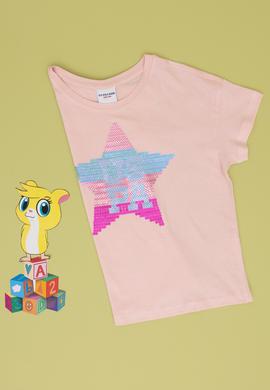 Kız Çocuk Pudra Bisiklet Yaka Pamuk Payet Yıldız Baskılı Tişört - 50306199001