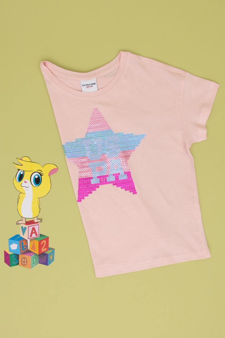Kız Çocuk Pudra Bisiklet Yaka Pamuk Payet Yıldız Baskılı Tişört - 50306199001