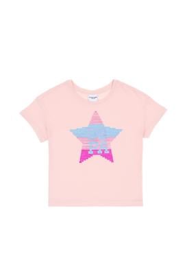 Kız Çocuk Pudra Bisiklet Yaka Pamuk Payet Yıldız Baskılı Tişört - 50306199001