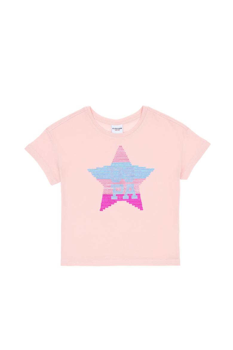 Kız Çocuk Pudra Bisiklet Yaka Pamuk Payet Yıldız Baskılı Tişört - 50306199001