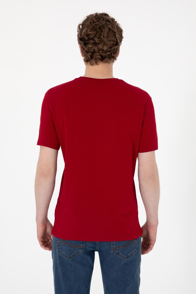 Erkek Regular Fit Bisiklet Yaka Bordo Basic Tişört - 50297988245