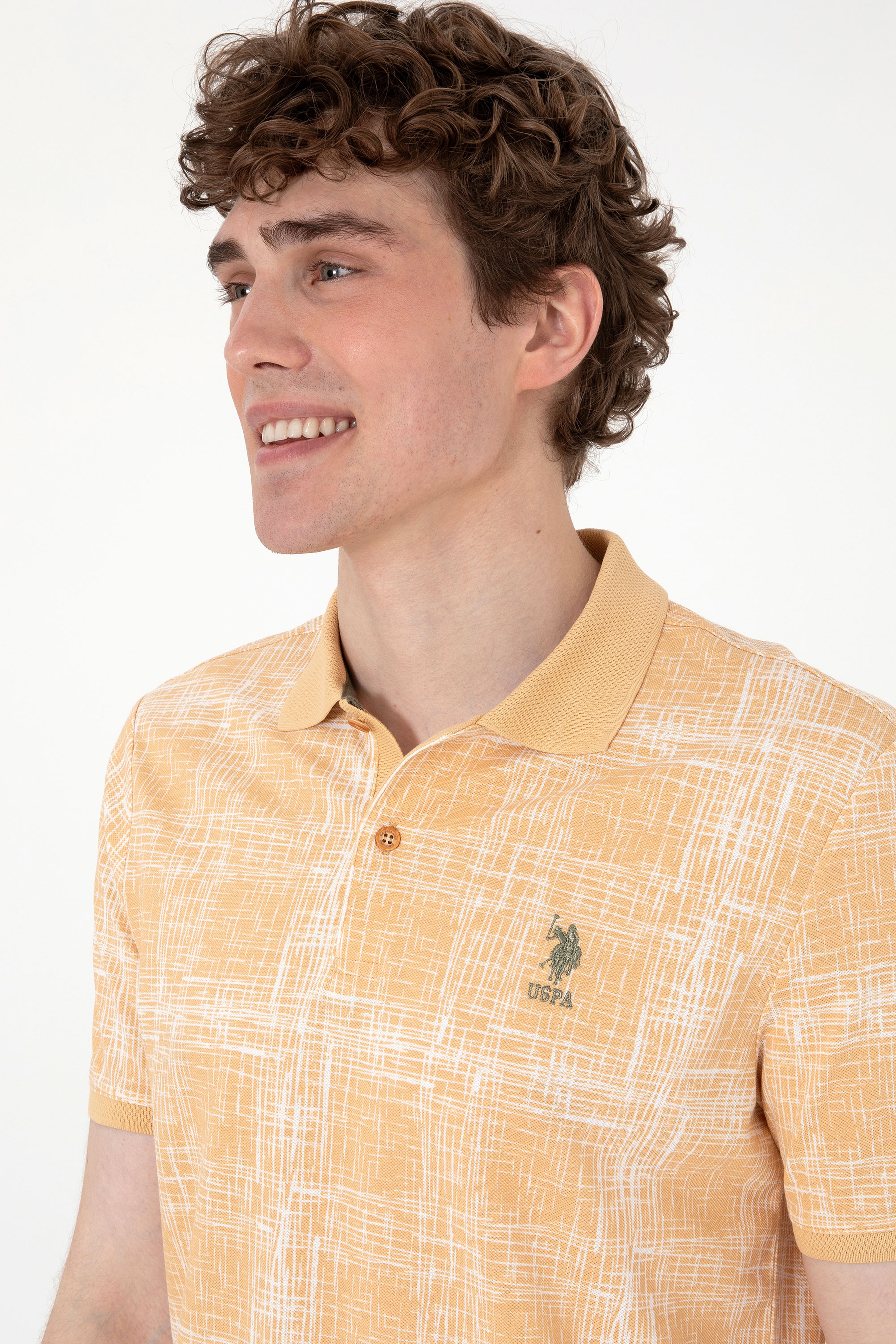 Erkek Regular Fit Polo Yaka Bej Desenli Tişört