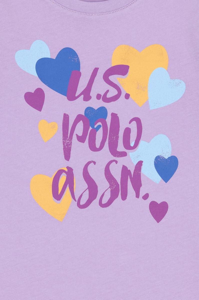 Kız Çocuk Lila Bisiklet Yaka Pamuk Fırfırlı Kalp Baskılı Tişört