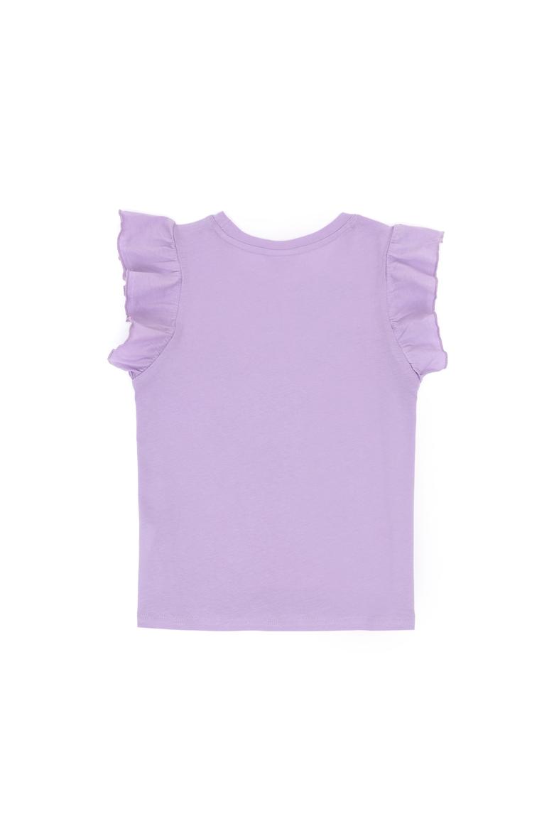 Kız Çocuk Lila Bisiklet Yaka Pamuk Fırfırlı Kalp Baskılı Tişört - 50306208004