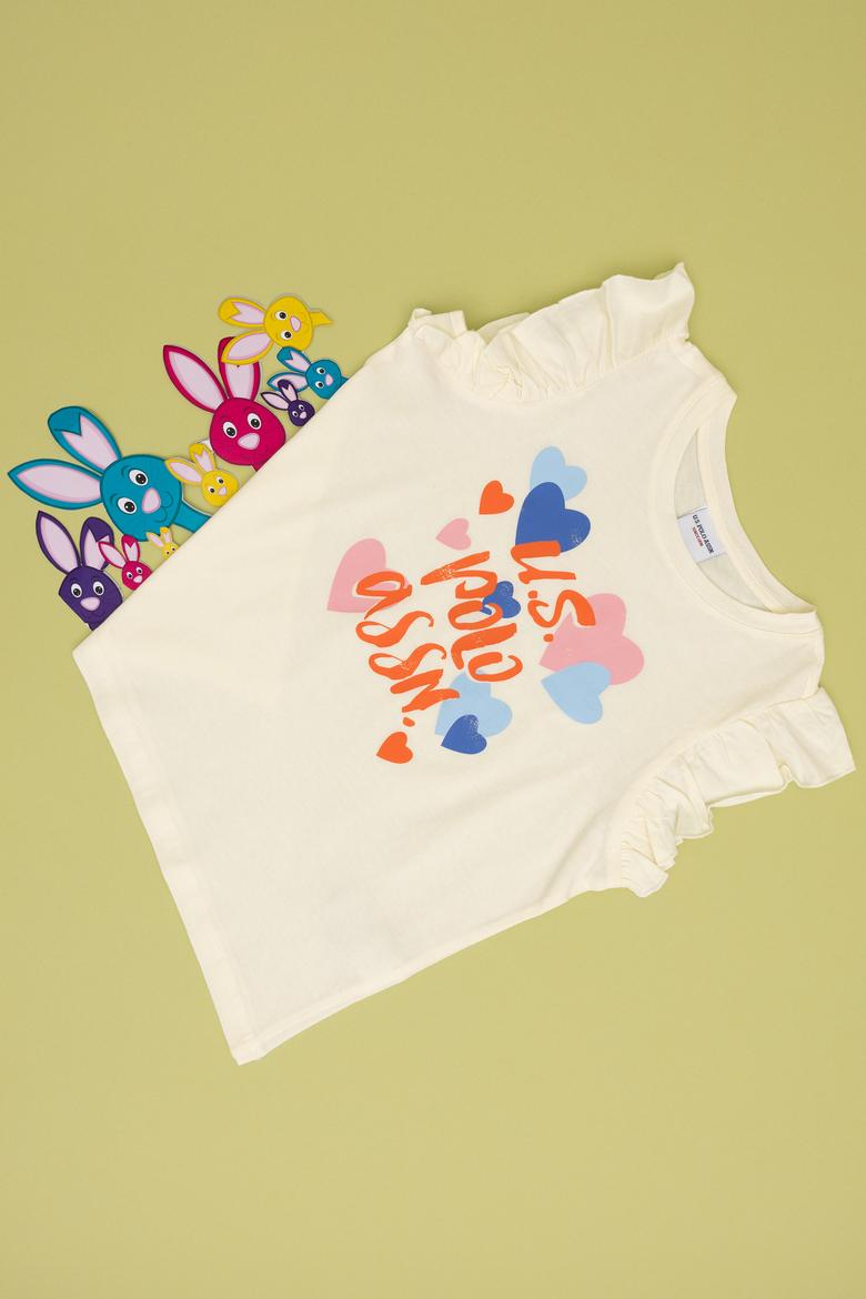 Kız Çocuk Krem Bisiklet Yaka Pamuk Fırfırlı Kalp Baskılı Tişört - 50306208014