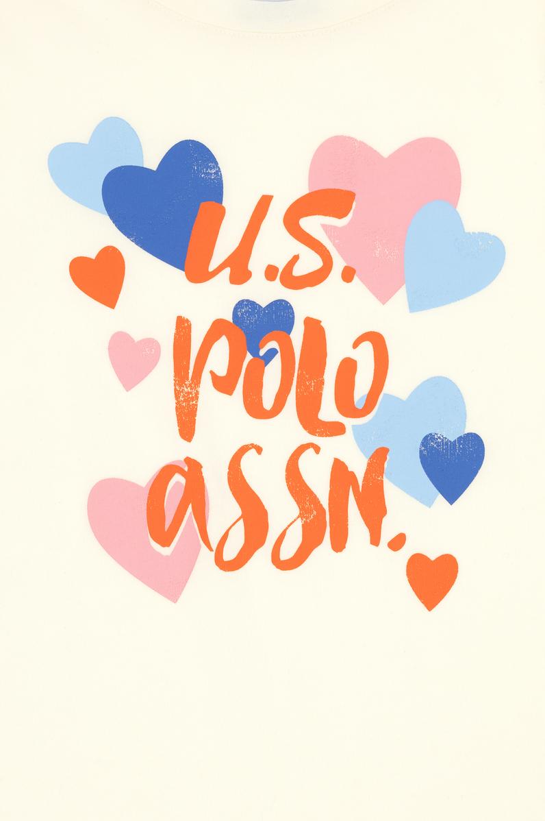 Kız Çocuk Krem Bisiklet Yaka Pamuk Fırfırlı Kalp Baskılı Tişört