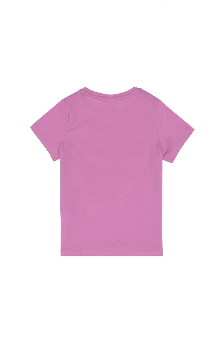 Kız Çocuk Fuşya Bisiklet Yaka Pamuk Renkli Simli Baskılı Tişört - 50306241016