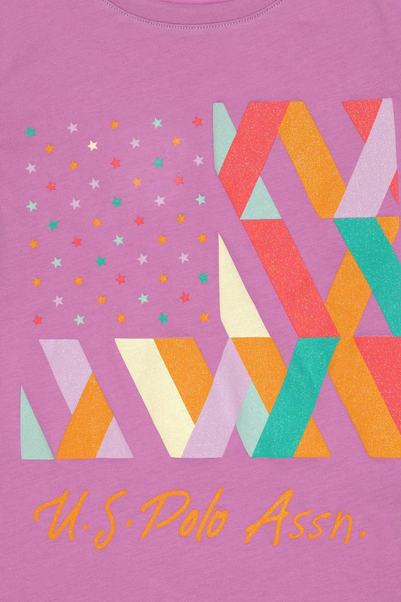 Kız Çocuk Fuşya Bisiklet Yaka Pamuk Renkli Simli Baskılı Tişört - 50306241016