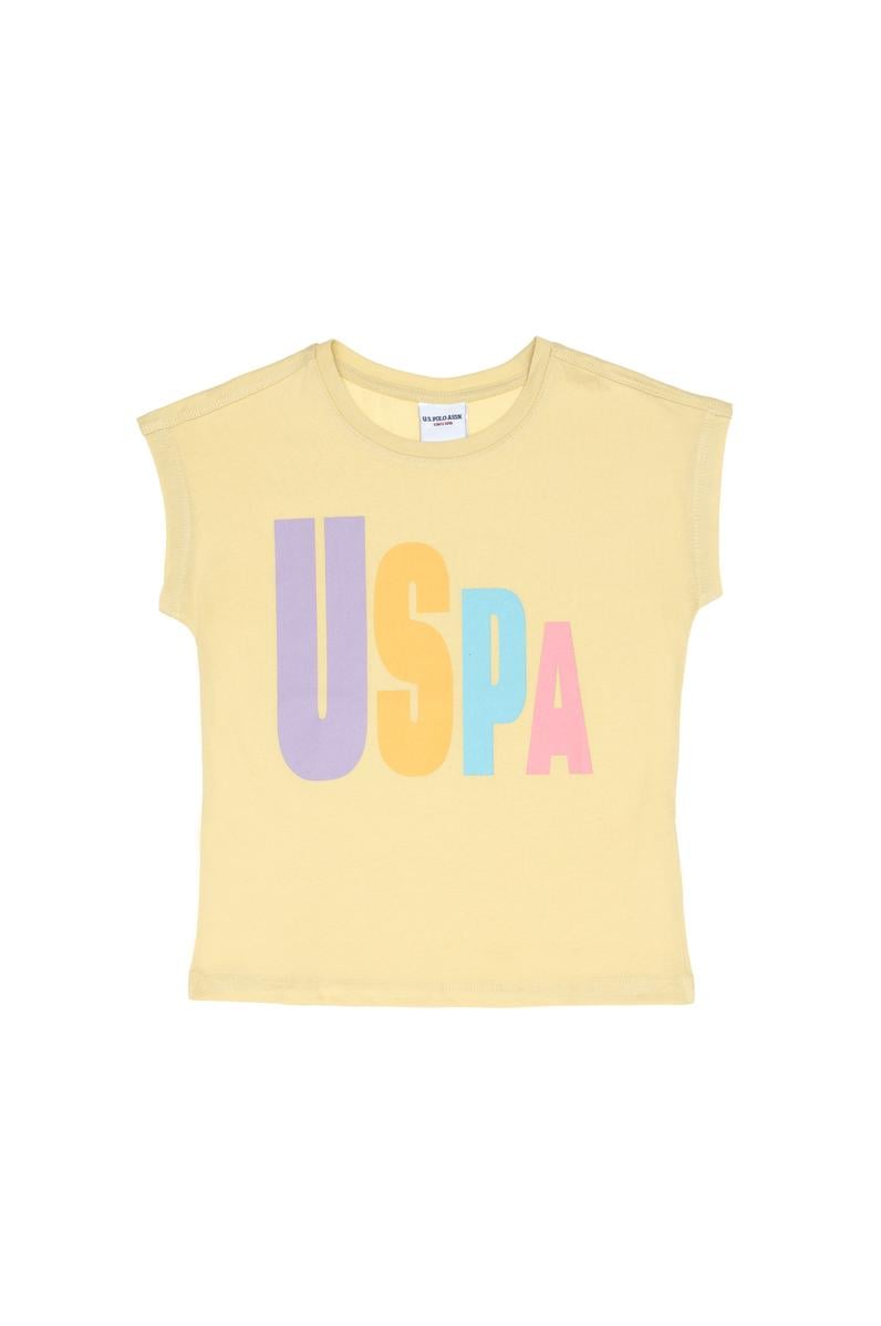 Kız Çocuk Açık Haki Bisiklet Yaka Pamuk Renkli Uspa Baskılı Tişört