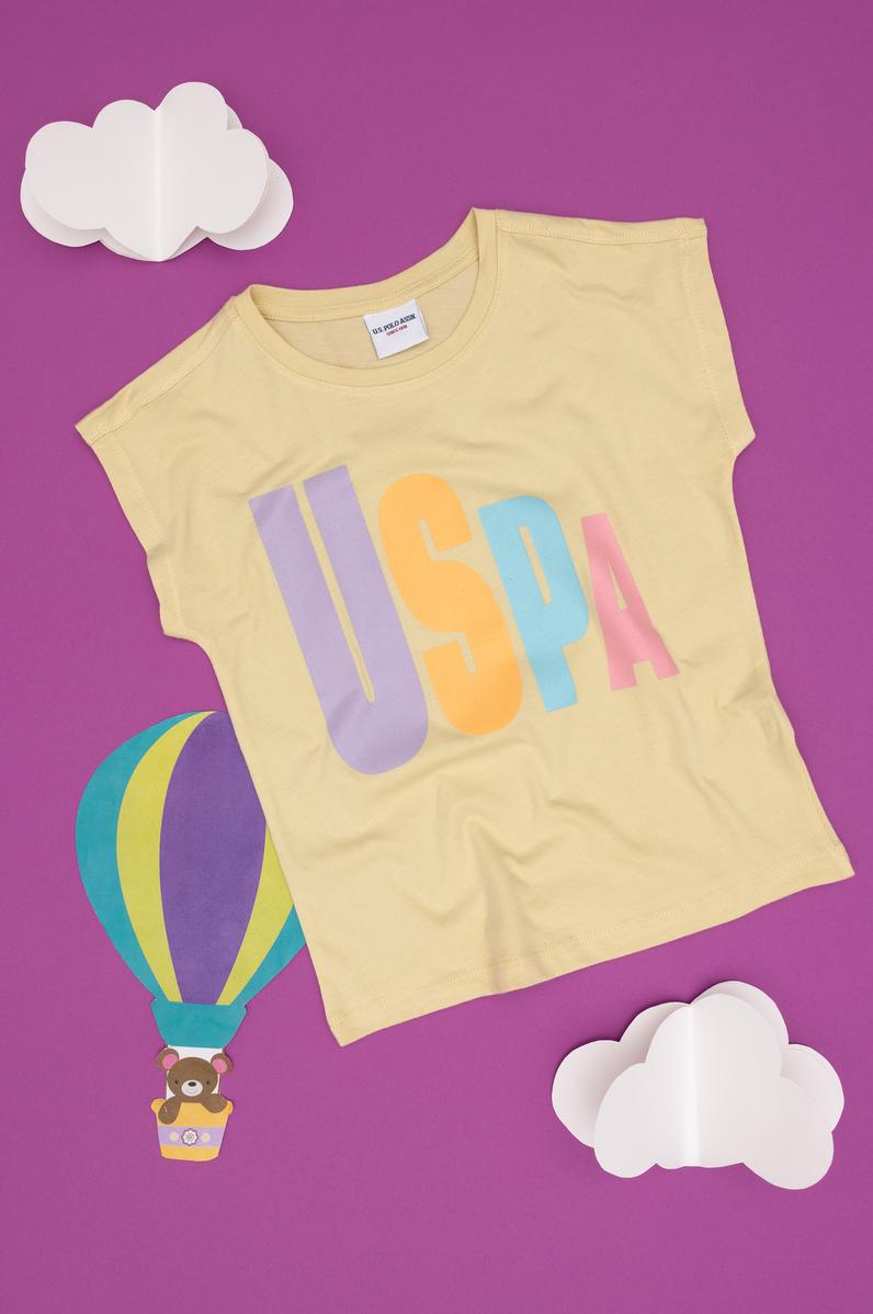 Kız Çocuk Açık Haki Bisiklet Yaka Pamuk Renkli Uspa Baskılı Tişört