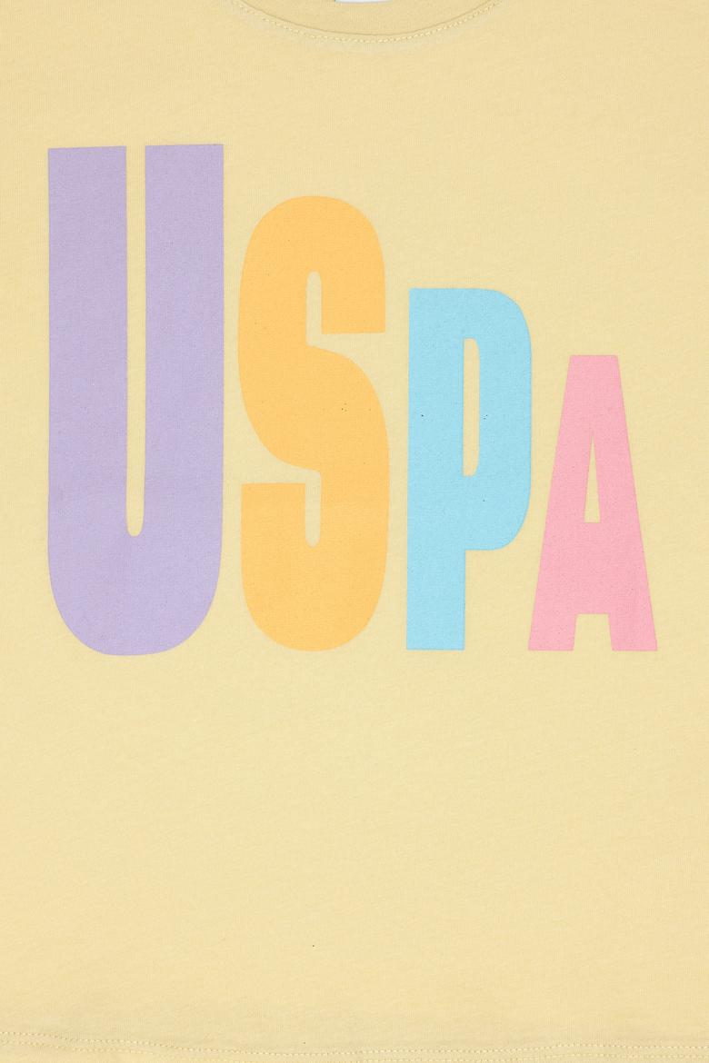 Kız Çocuk Açık Haki Bisiklet Yaka Pamuk Renkli Uspa Baskılı Tişört - 50306238018