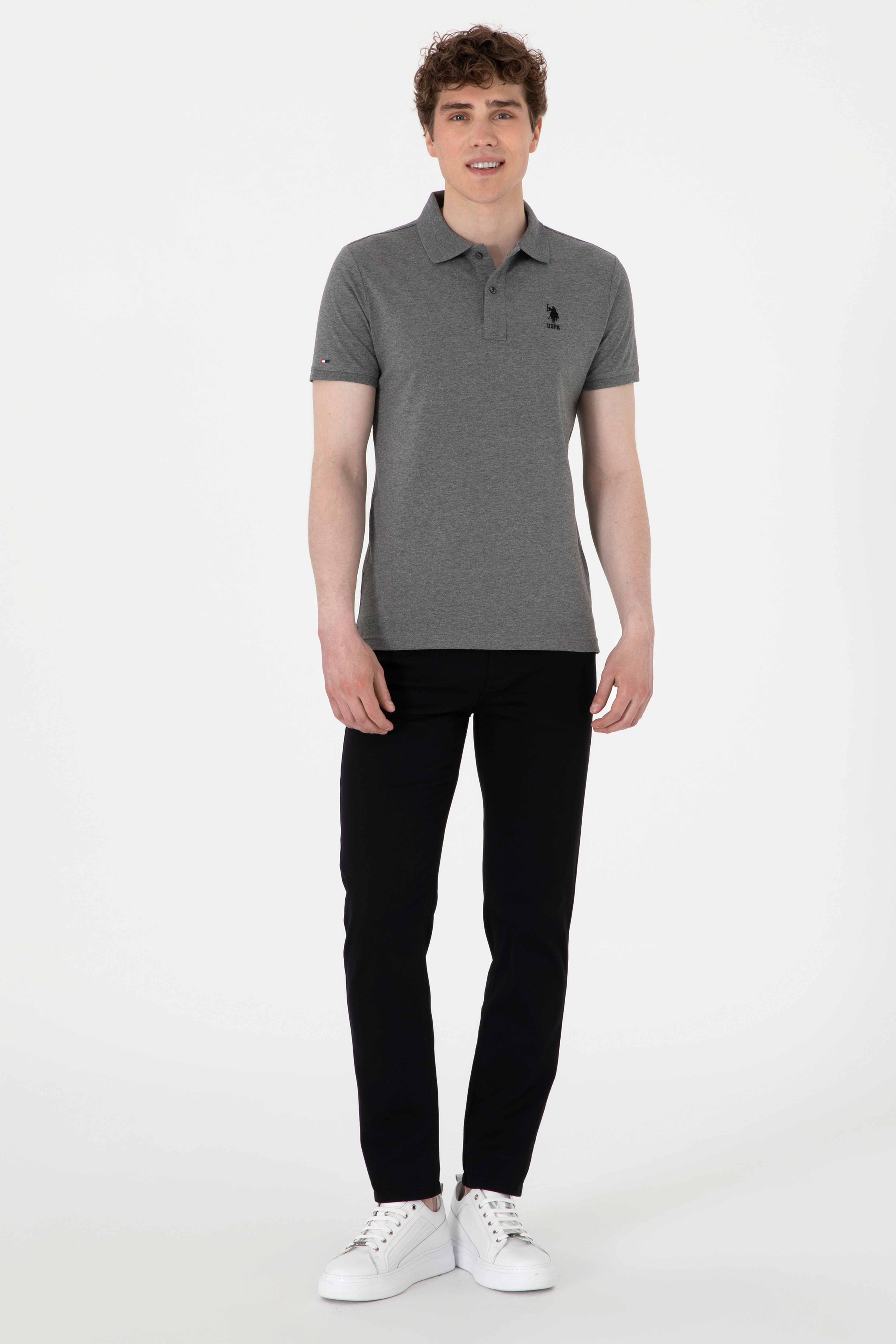 Erkek Slim Fit Polo Yaka Antrasit Melanj Basic Tişört