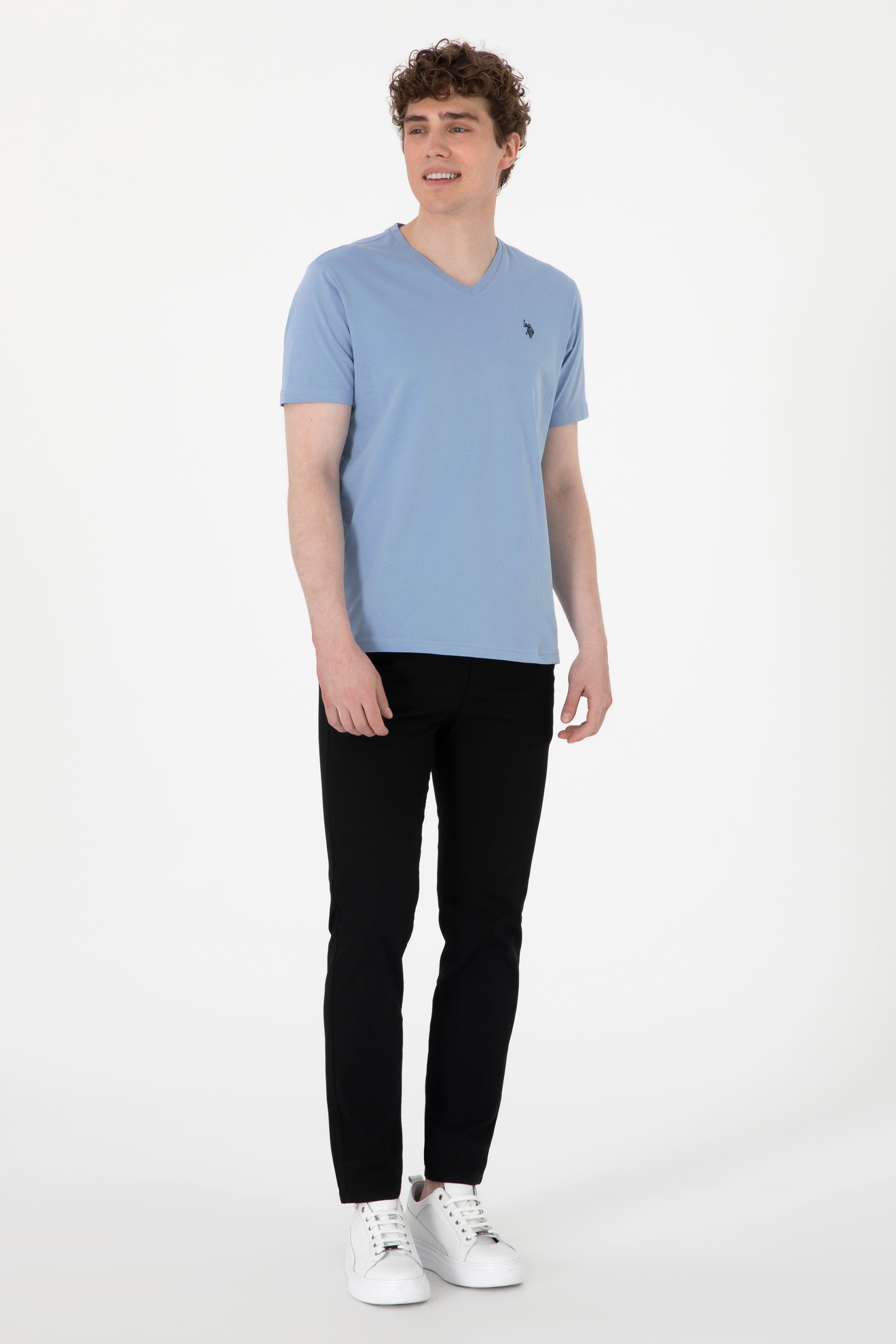 Erkek Regular Fit V Yaka Mavi Basic Tişört