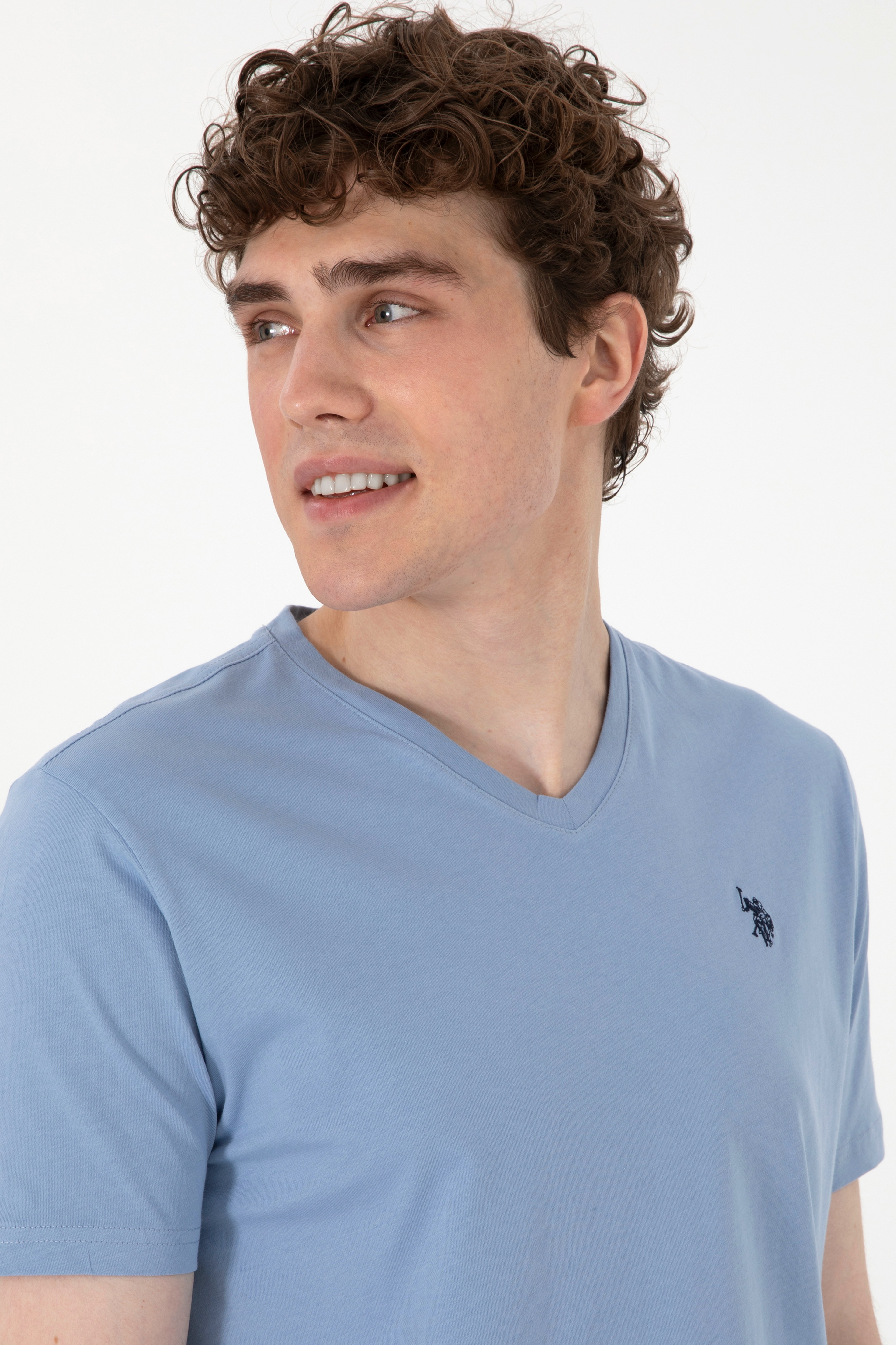 Erkek Regular Fit V Yaka Mavi Basic Tişört