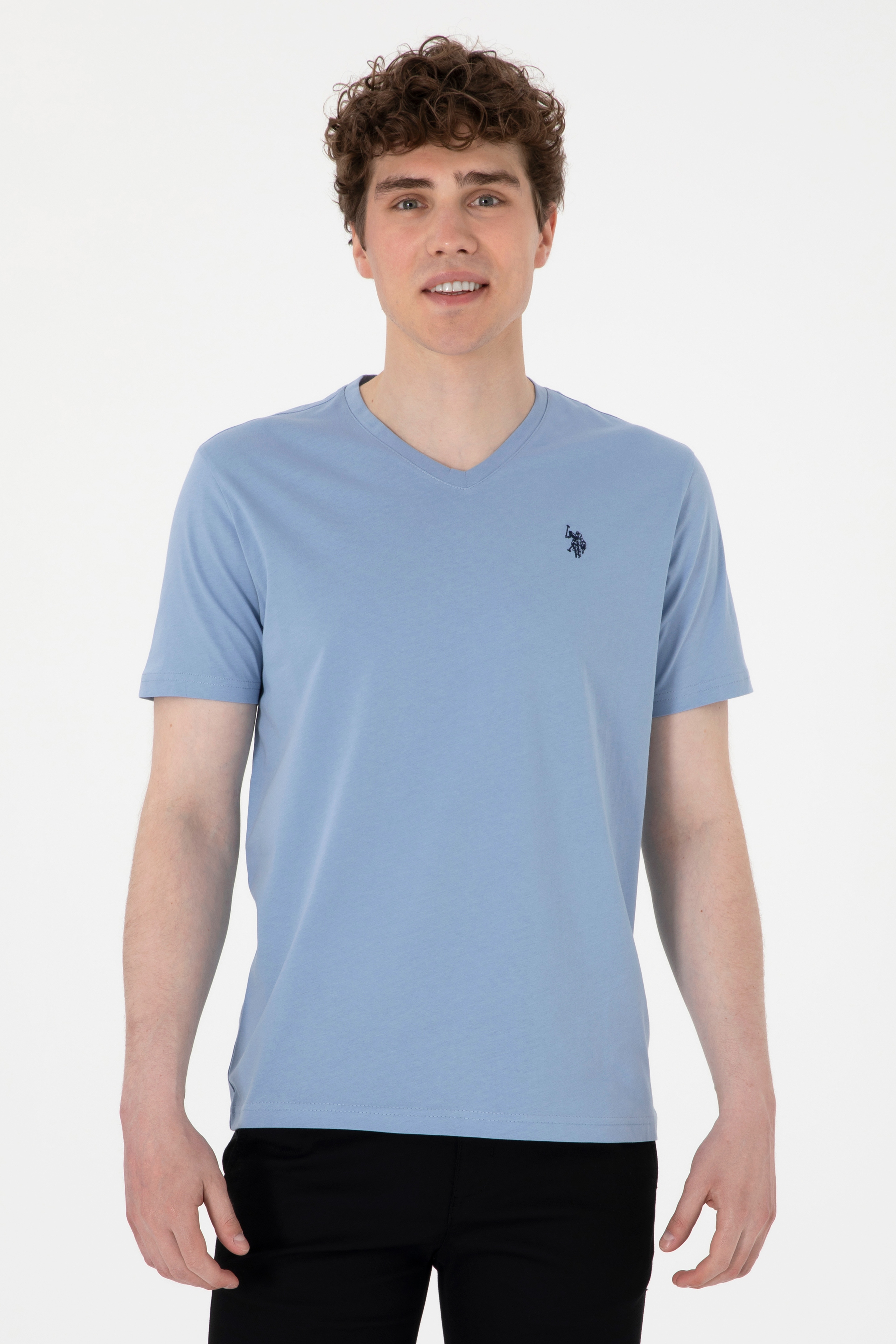 Erkek Regular Fit V Yaka Mavi Basic Tişört