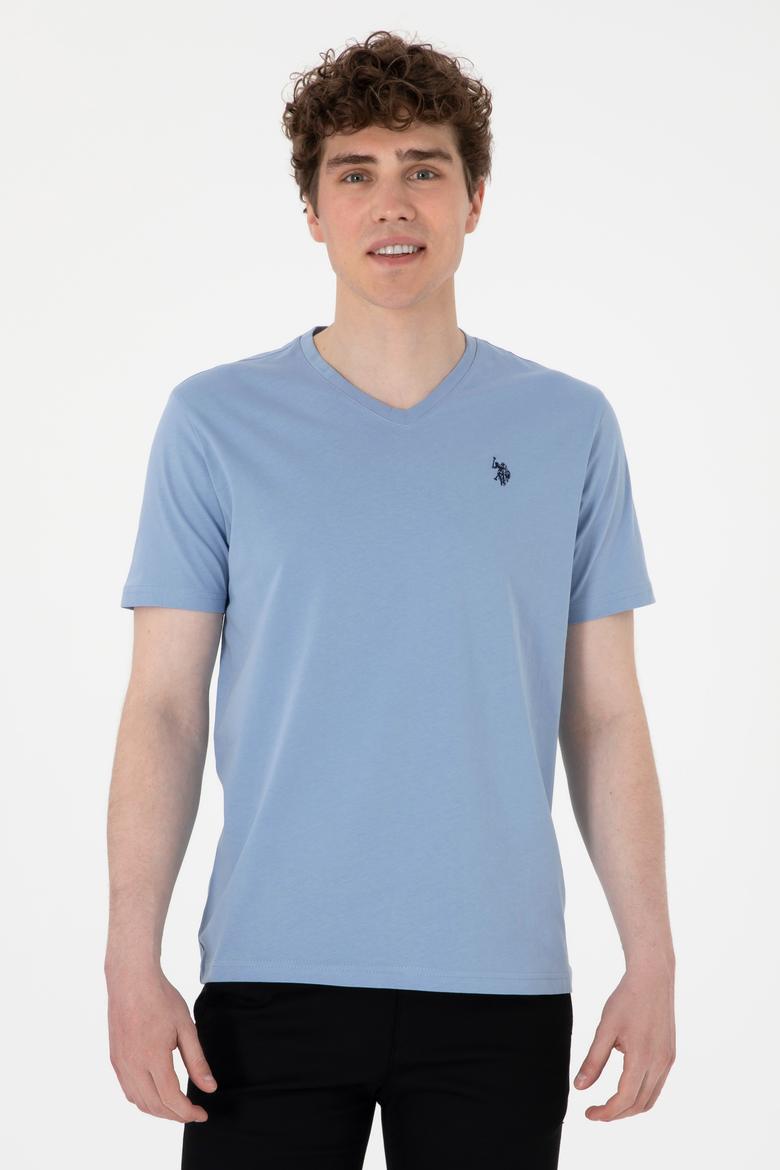 Erkek Regular Fit V Yaka Mavi Basic Tişört