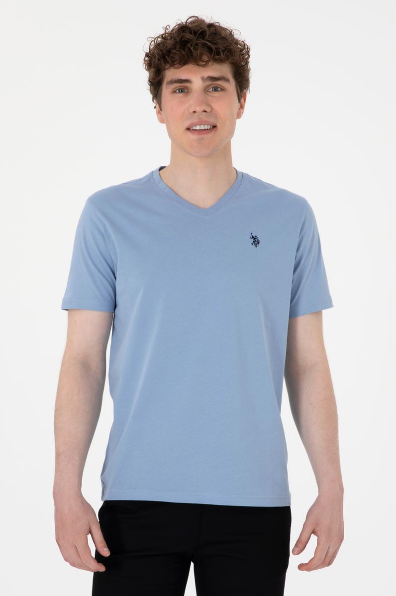 Erkek Regular Fit V Yaka Mavi Basic Tişört