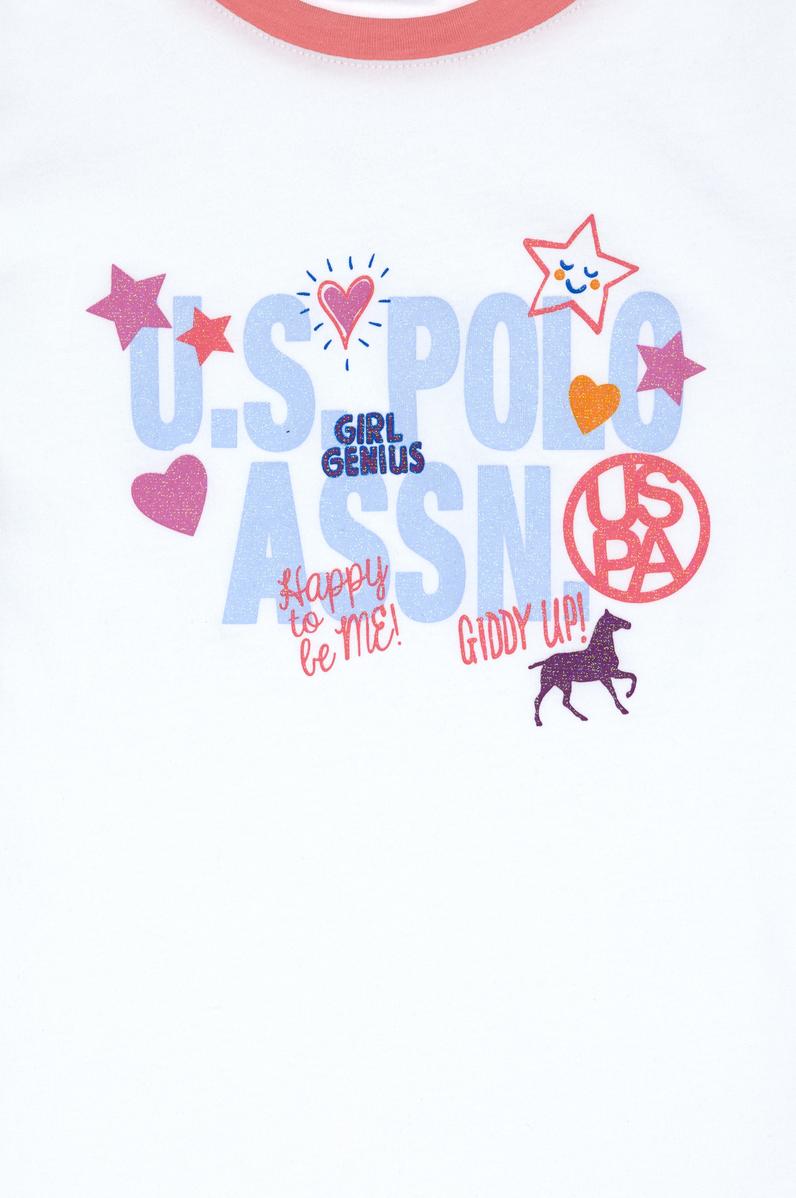 Kız Çocuk Beyaz Bisiklet Yaka Pamuk Renkli Baskılı Tişört