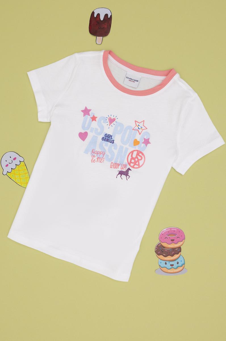 Kız Çocuk Beyaz Bisiklet Yaka Pamuk Renkli Baskılı Tişört