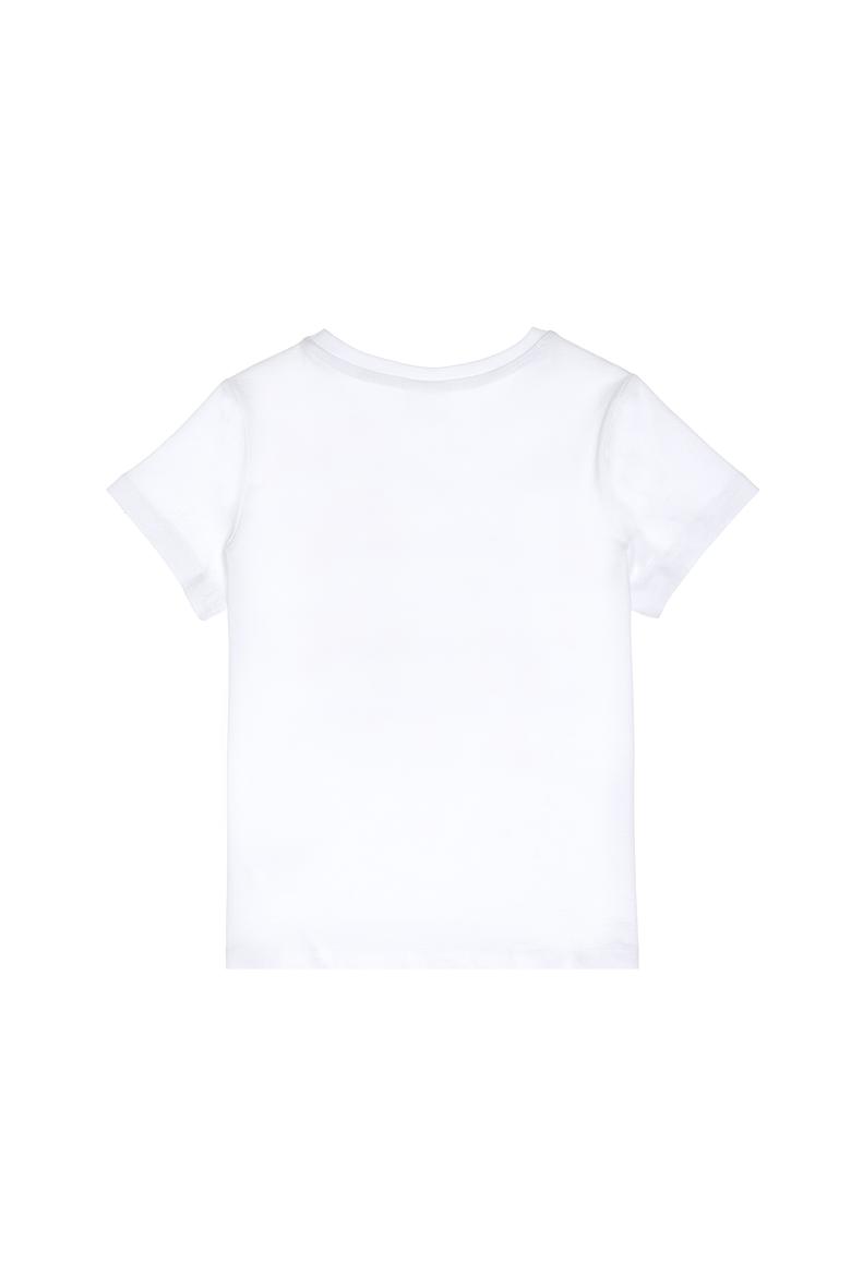 Kız Çocuk Beyaz Bisiklet Yaka Pamuk Renkli Simli Baskılı Tişört - 50306241001