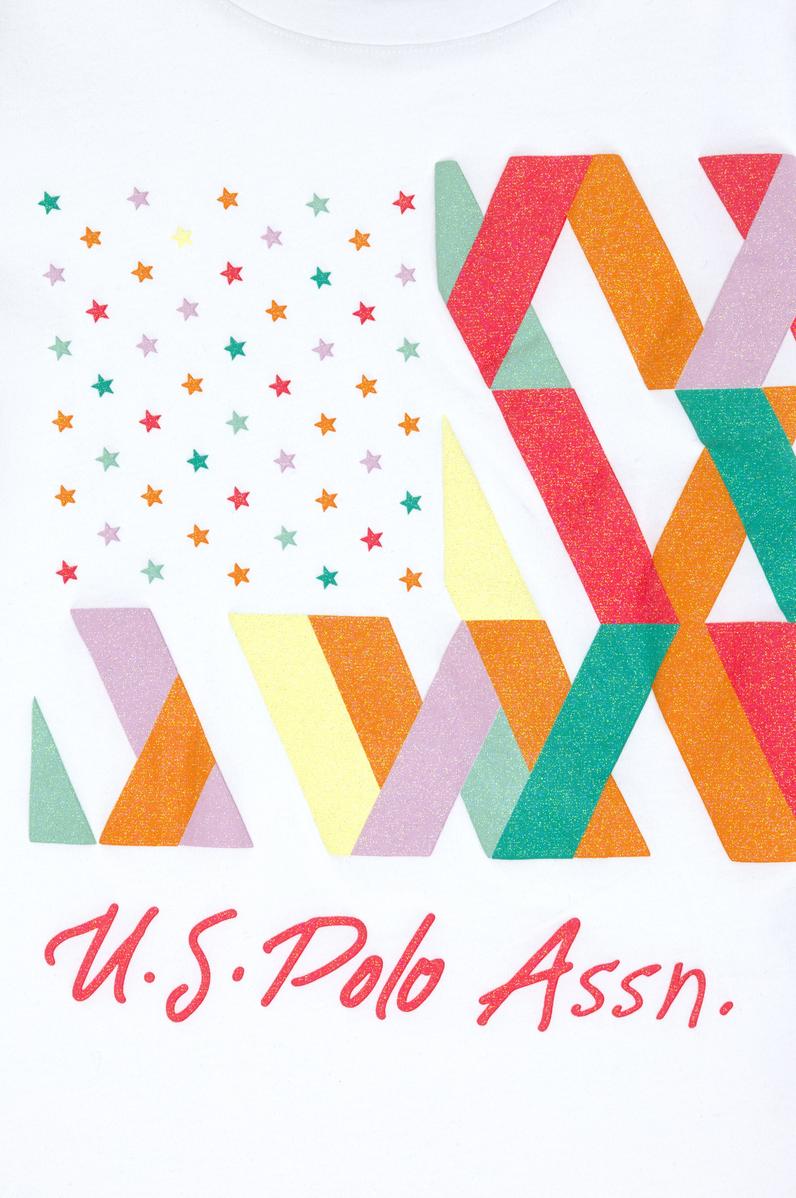 Kız Çocuk Beyaz Bisiklet Yaka Pamuk Renkli Simli Baskılı Tişört