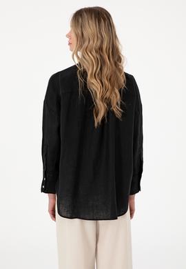 Kadın Siyah Keten Uzun Kollu Gömlek - 50299794044