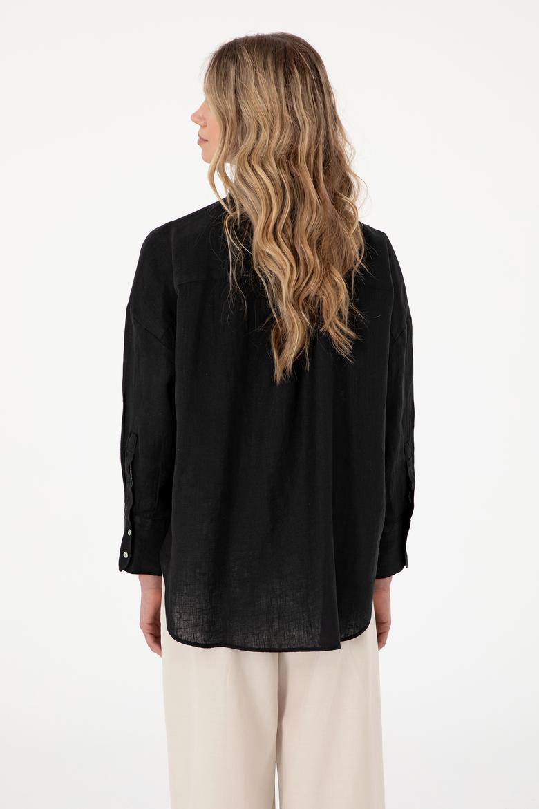 Kadın Siyah Keten Uzun Kollu Gömlek - 50299794044