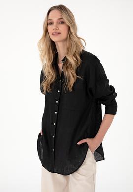 Kadın Siyah Keten Uzun Kollu Gömlek - 50299794044