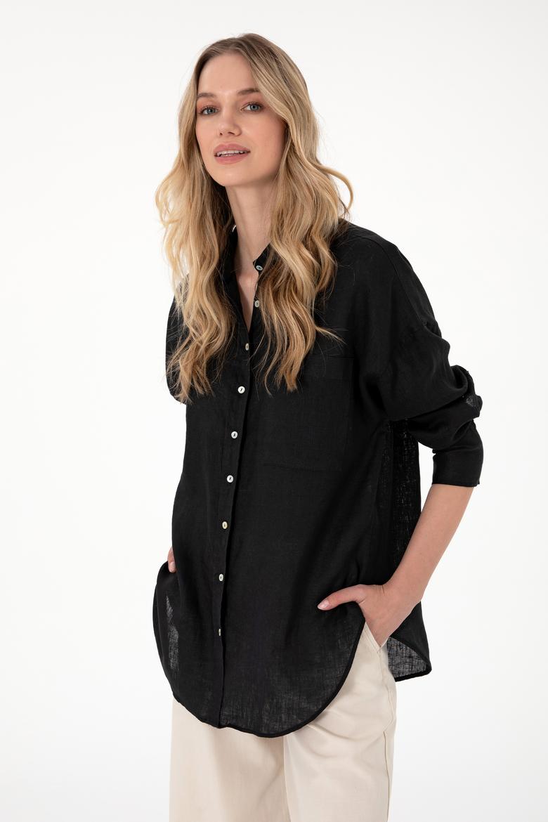 Kadın Siyah Keten Uzun Kollu Gömlek - 50299794044