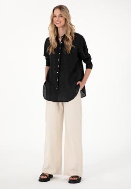 Kadın Siyah Keten Uzun Kollu Gömlek - 50299794044
