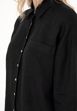 Kadın Siyah Keten Uzun Kollu Gömlek - 50299794044