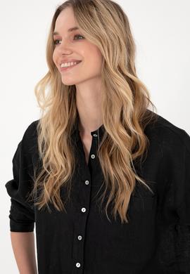 Kadın Siyah Keten Uzun Kollu Gömlek - 50299794044