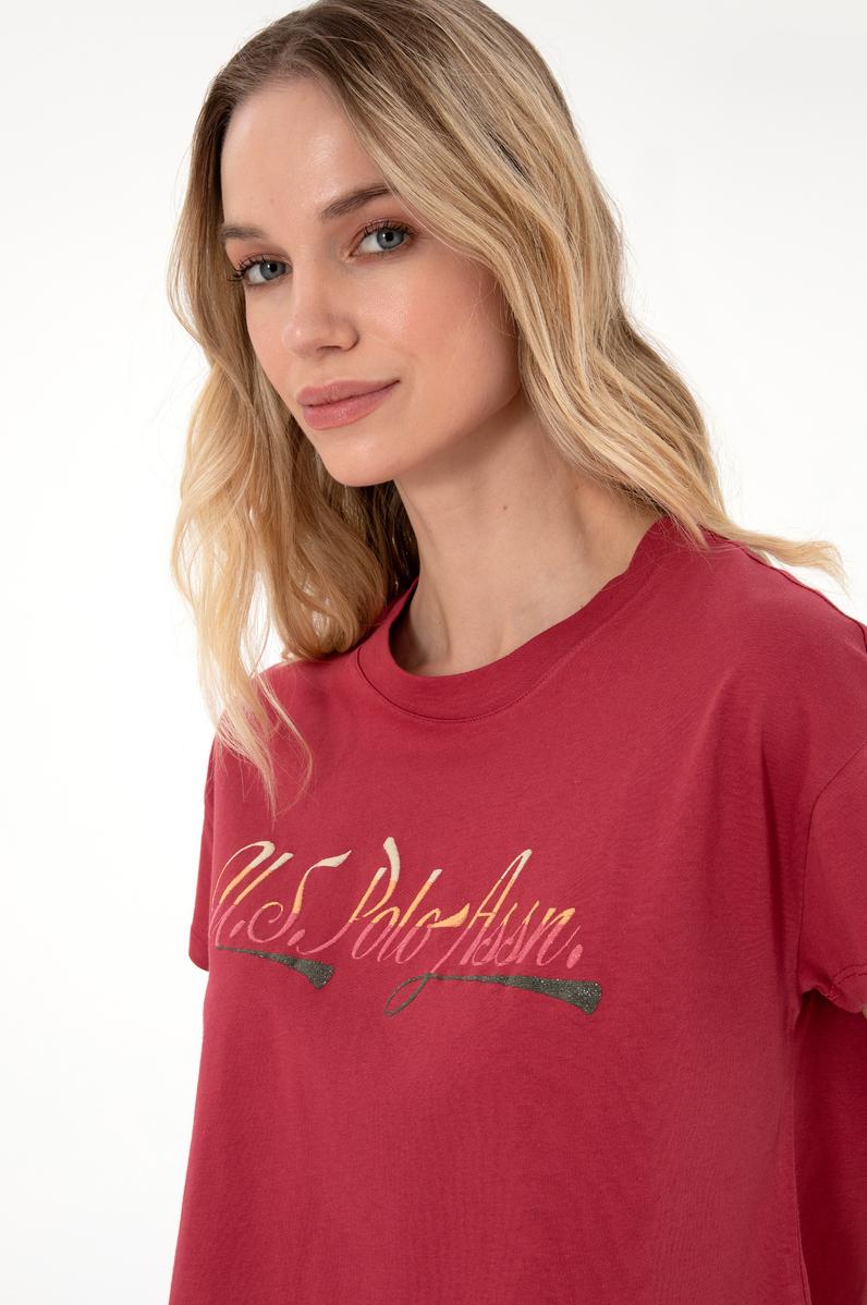 Kadın Vişne Bisiklet Yaka Tişört