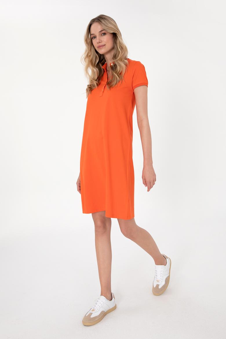 Kadın Nar Çiçeği Polo Yaka Mini Boy Örme Elbise