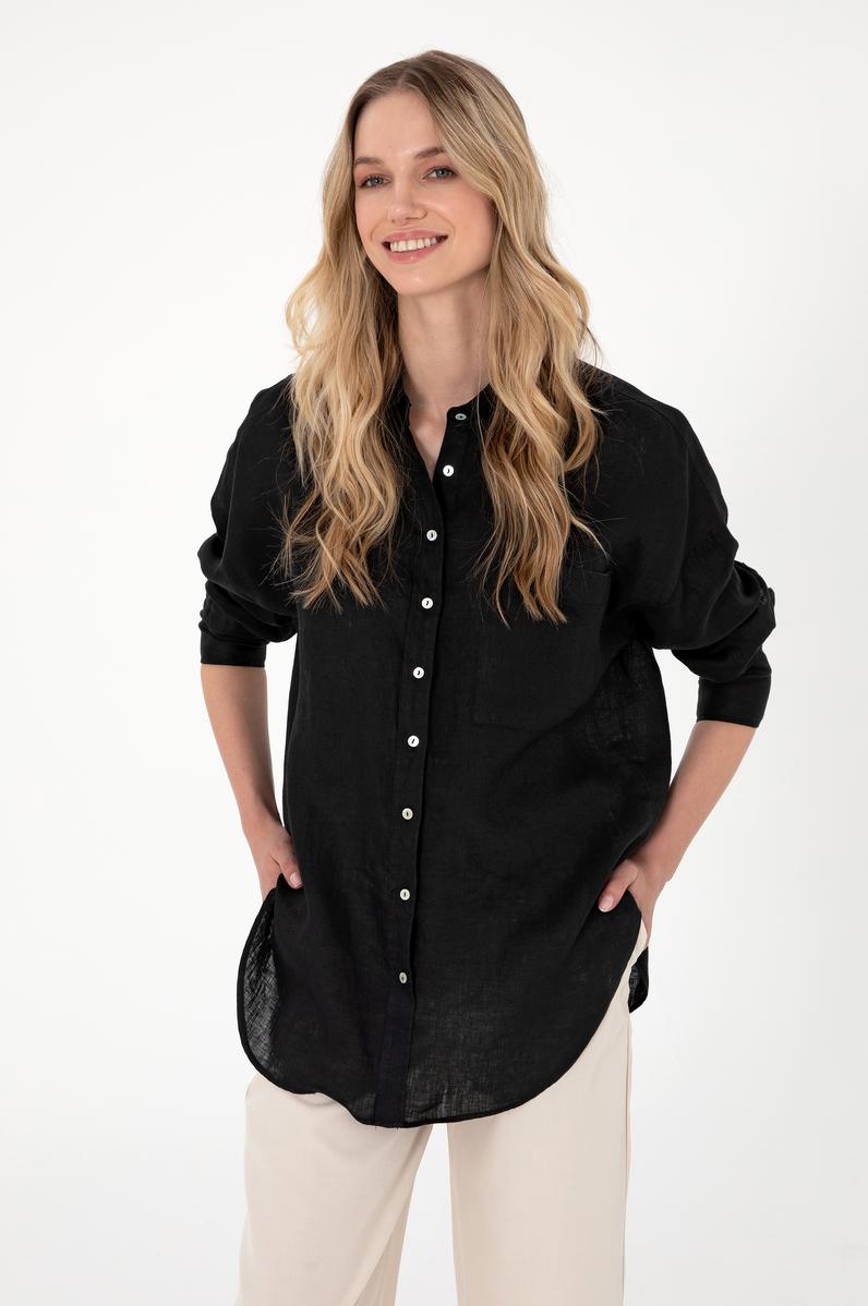 Kadın Siyah Keten Uzun Kollu Gömlek