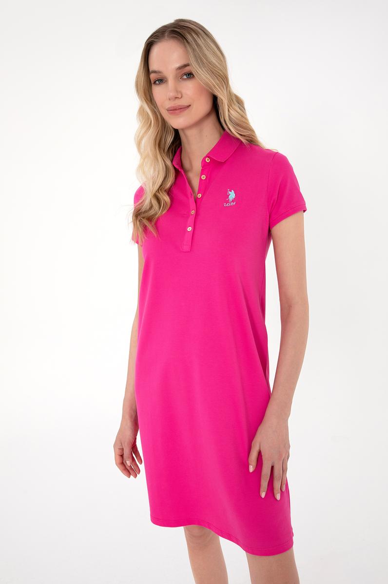 Kadın Fuşya Polo Yaka Mini Boy Örme Elbise